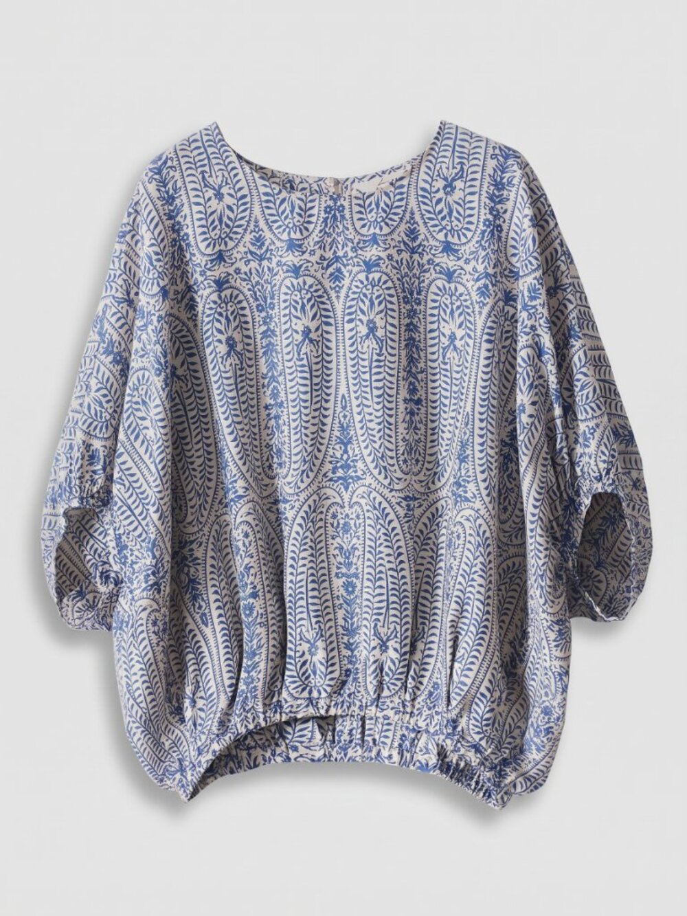 Women's Blue Paisley Boho Blouse Lantern Sleeve Round Neck Tie Back Top - Picture 3 of 5